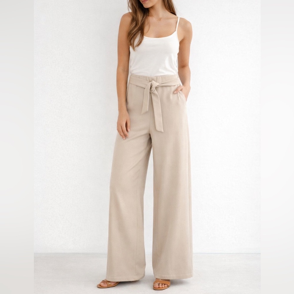 Zara Tie Up Front High waisted Wide Leg Beige Pants Size M